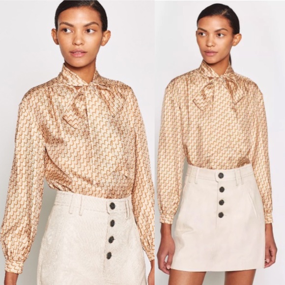 Joie Joslin Bow Tie Silk Blouse Chain Print Oak Tan XL NWT - Picture 12 of 13